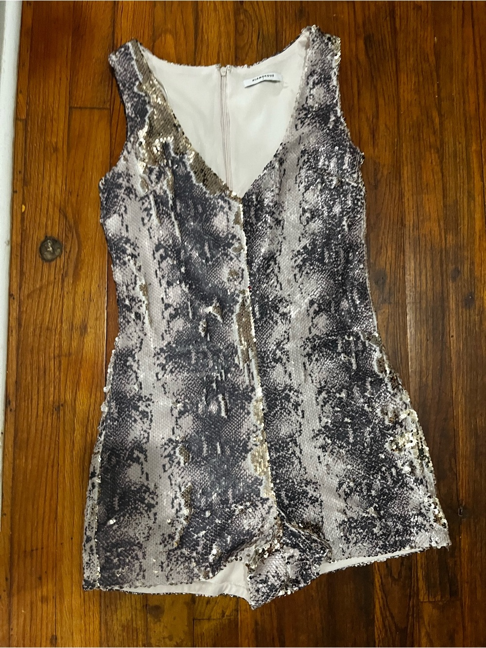 Glamorous Sequin Snake-Print V-Neck Romper in Silver and Cream